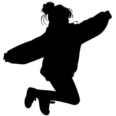 realistic girl jumping with a bun and oversized sweatshirt