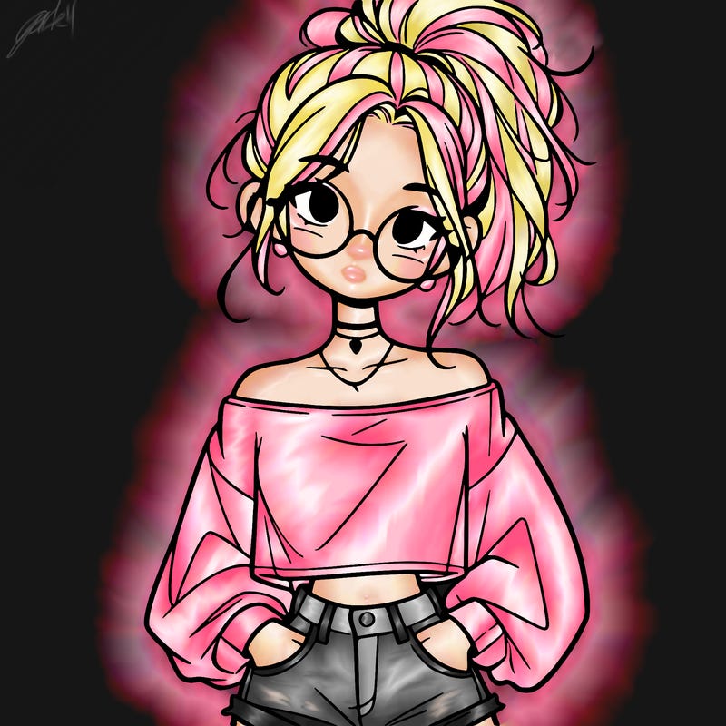 girl with a messy ponytail glasses a baggy crop top and jean shorts