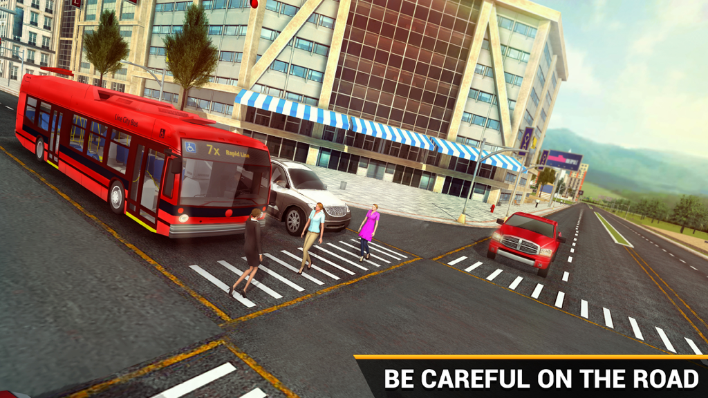 Bus Driver 2019 - Autobús rojo detenido en un paso de peatones en una simulación de ciudad urbana.