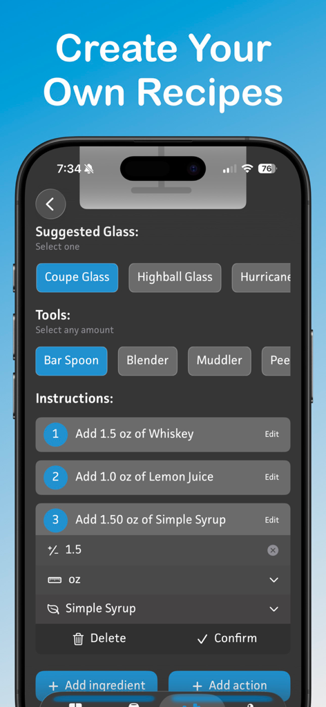 DrinkSmith: Home Bartending - Mobile app interface for creating a custom cocktail recipe with ingredient steps and glass selection