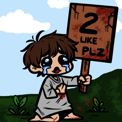 small poor toddler crying with sign that says 2 like plz