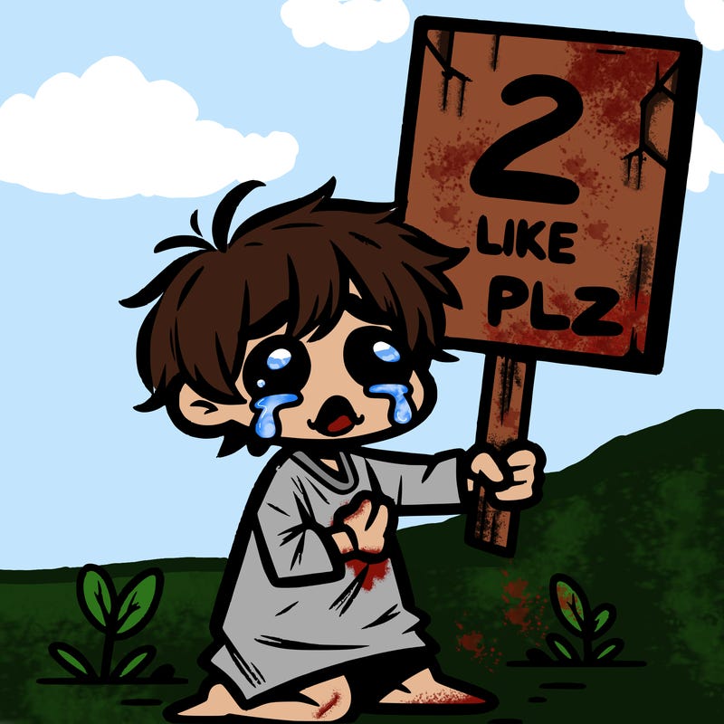 small poor toddler crying with sign that says 2 like plz