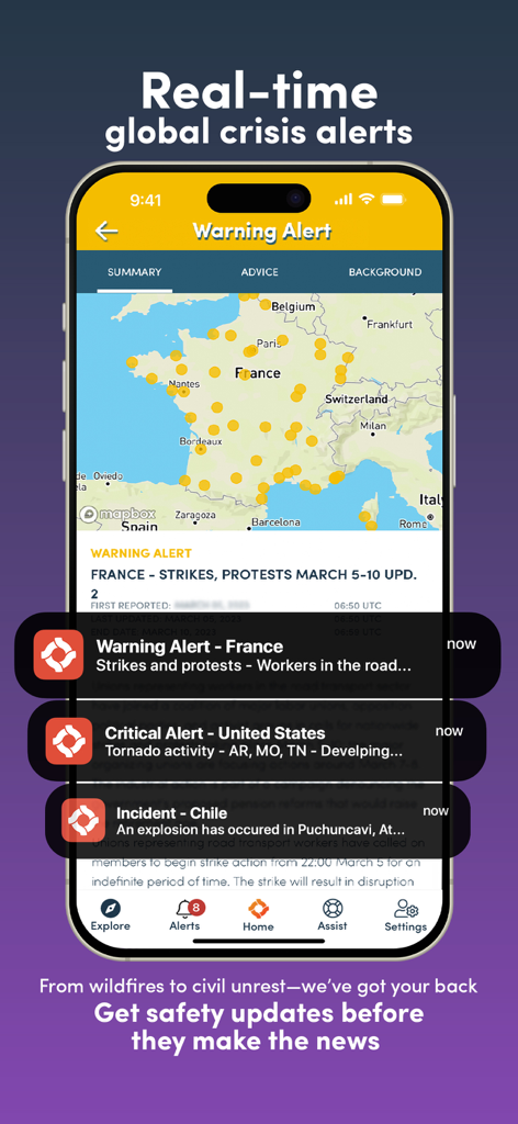 OZZI - Global Personal Safety - OZZI App-Oberfläche zeigt Echtzeit-Globale-Sicherheitswarnungen und eine Risikozonen-Karte von Frankreich.