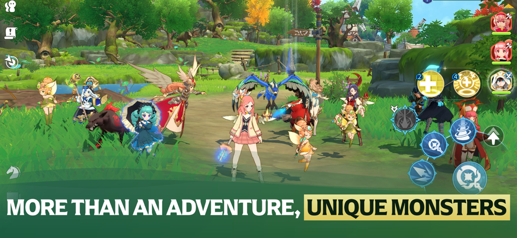 Summoners War: Chronicles - A group of colorful anime characters and monsters standing in a lush green field within the game Summoners War Chronicles