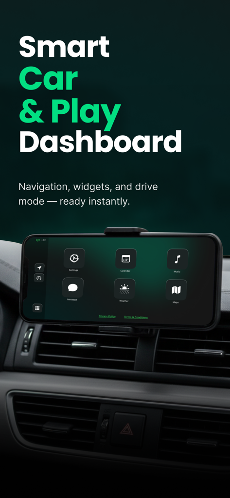 Car Play Connect: My Auto Sync - iPhone montado en el salpicadero de un coche mostrando la interfaz de la aplicación Car Play Connect con iconos de navegación y clima