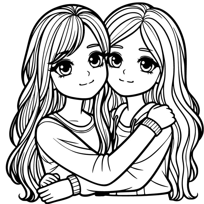 two teenage girls with long hair hugging each other