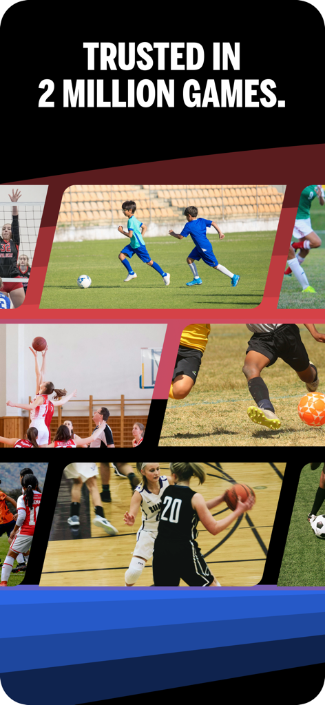 Collage of youth soccer, basketball, and volleyball athletes with the caption Trusted in 2 Million Games