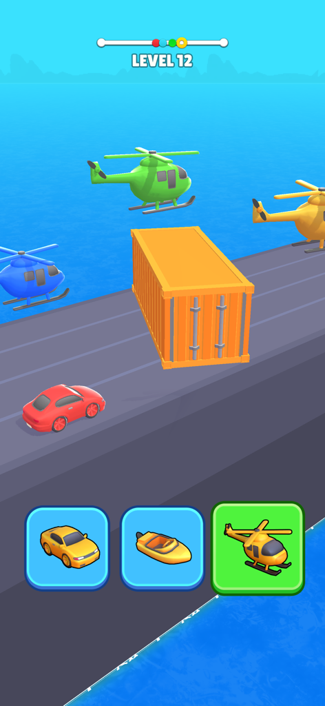 Gameplay screenshot of Wheels Change Challenge showing a car switching to a helicopter to pass obstacles at level 12
