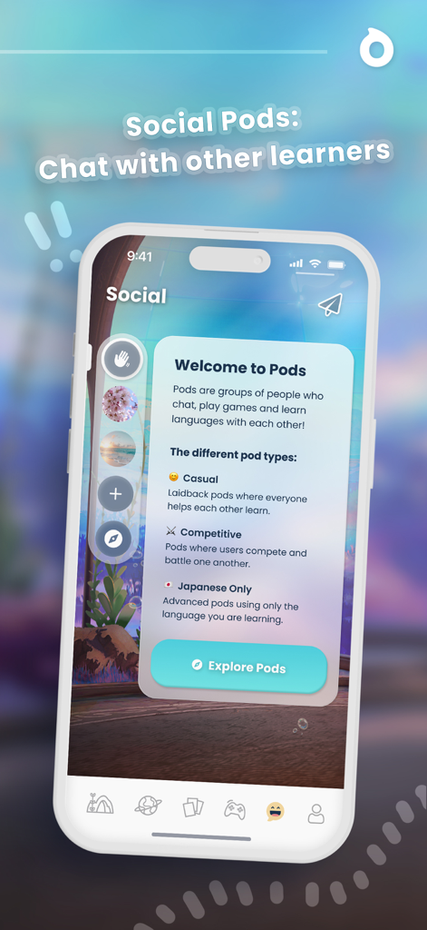 Fluyo - Fun Language Lessons - Screenshot of the Fluyo app Social Pods screen showing community groups for chatting and learning with others