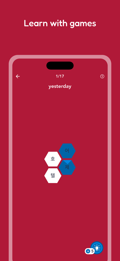 Learn Korean: Vocab & Words - Korean vocabulary game interface showing the English word yesterday and Korean character tiles