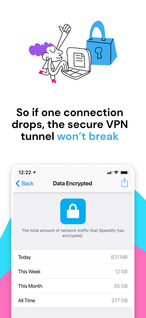 Speedify App-Bildschirm mit Datenverschlüsselungsstatistiken und Darstellung eines sicheren VPN-Tunnels