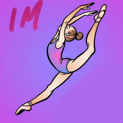 gymnast doing a leap in a leotard with a bent back leg