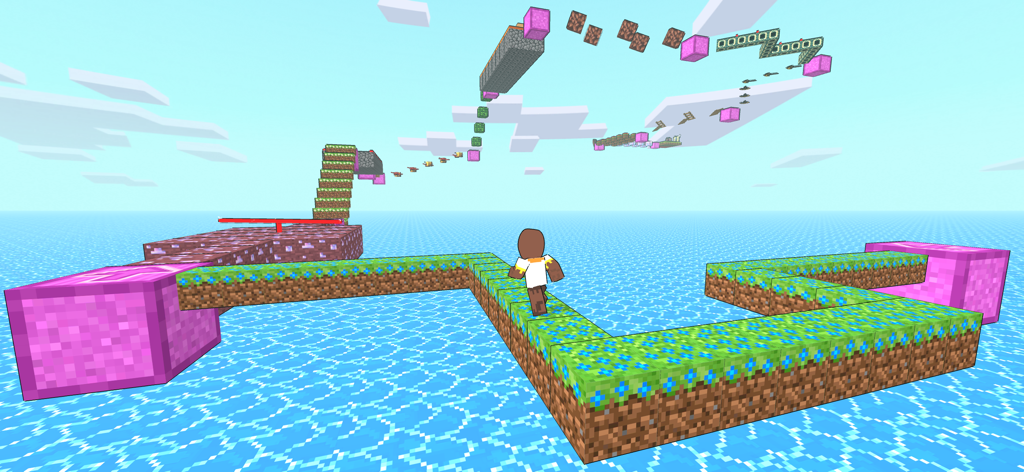 Tenge Jump Up: Heaven or Hell - A blocky character walking on a floating grass path in a sky obstacle course.