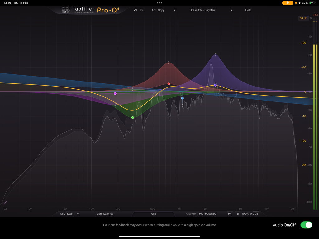 Interface of FabFilter Pro-Q 4 professional equalizer app showing colorful EQ bands and spectrum analyzer