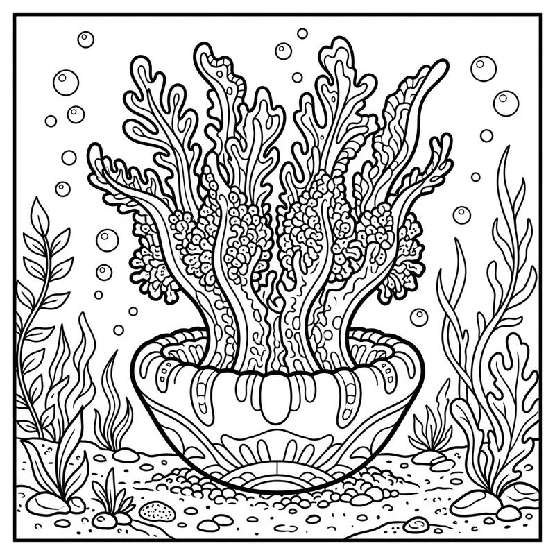 Discover the intriguing world of the upside-down jellyfish with this captivating coloring page. Its unique posture and detailed surroundings offer a fascinating underwater scene for artists of all levels.