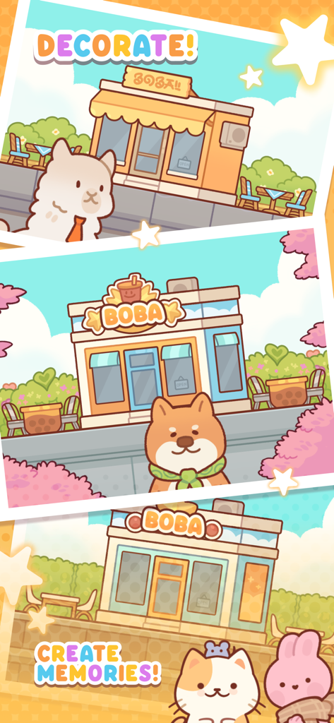 Kawaii boba shop exteriors with cute animal characters in Boba Tale