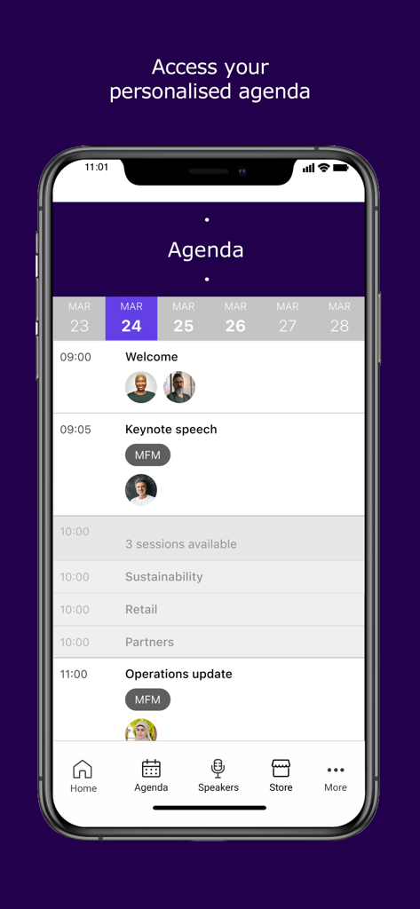 Sanofi Events & Congresses - Mobile screen showing a personalized event agenda for a professional congress with session times and speaker avatars