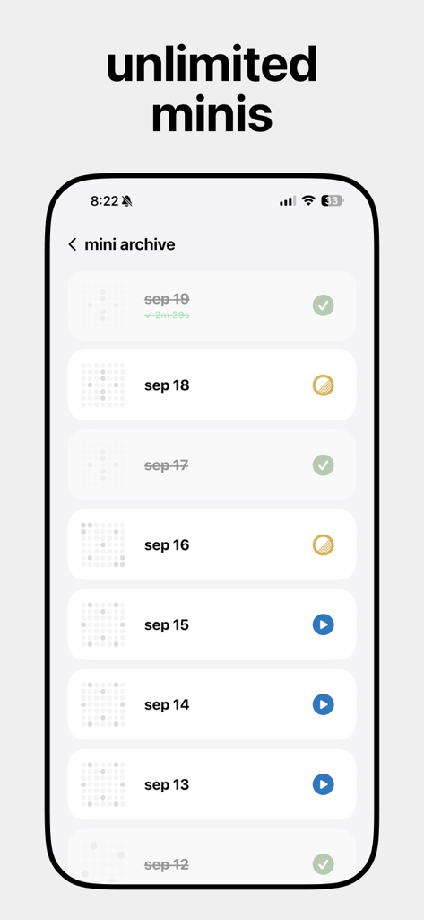 Crossword Chef - Daily Mini - The mini archive screen in Crossword Chef showing a history of daily puzzles with completion status.