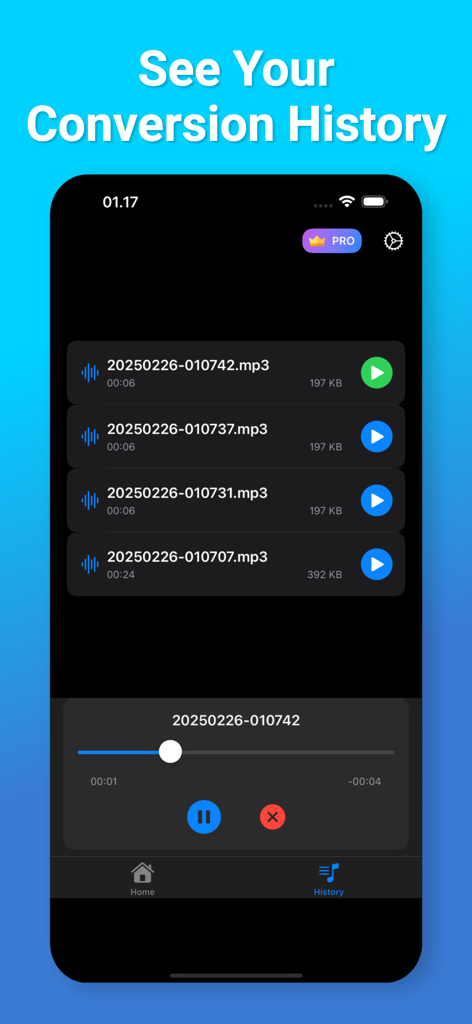 Screenshot of the Video to Audio Converter app history screen showing a list of extracted MP3 files and an audio player