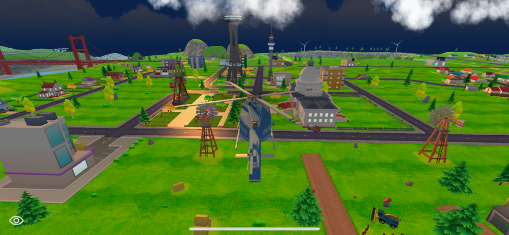 A police helicopter flying over a low-poly city landscape in Dude Theft Wars.