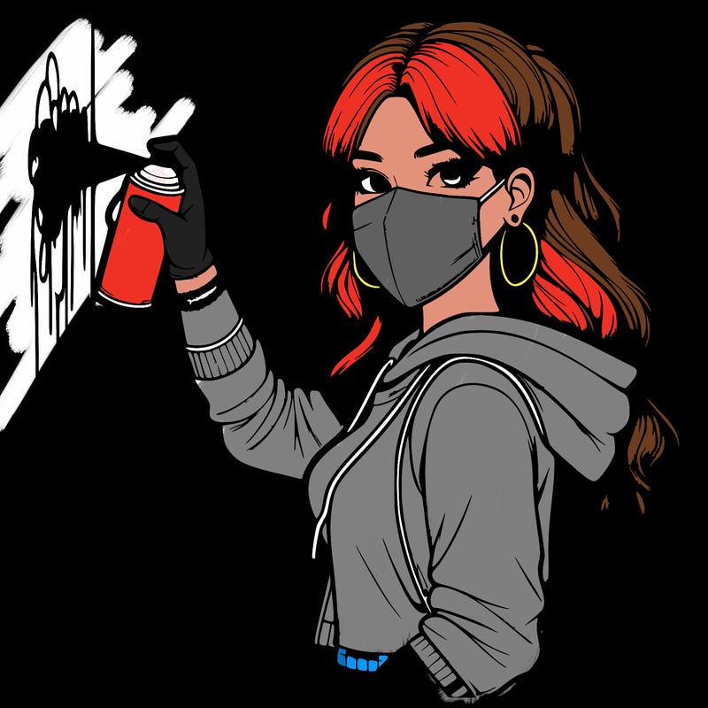 realistic girl with mask spray painting a wall