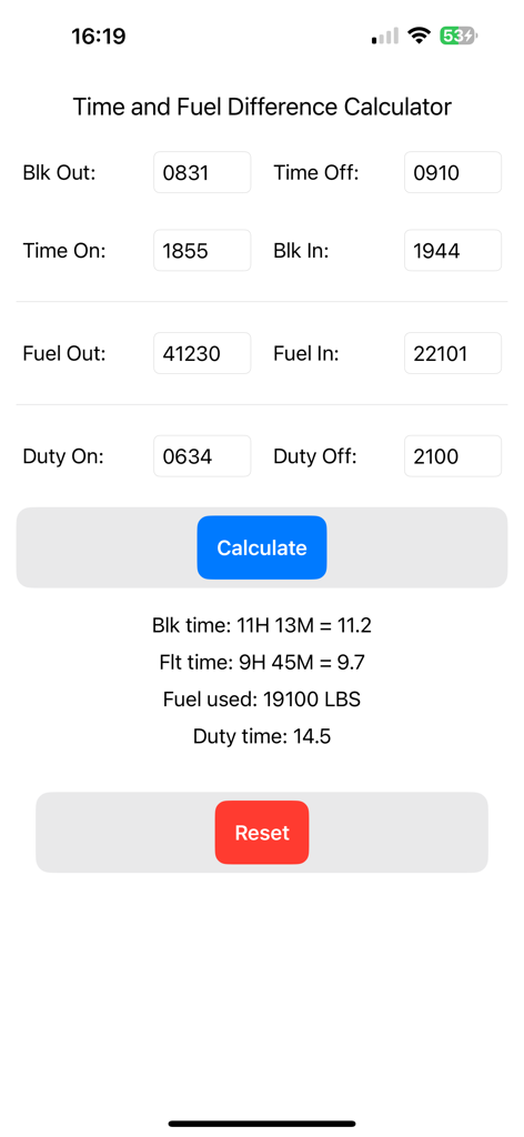 Time and Fuel Calculator - Aviation time and fuel calculator interface showing flight logs and duty time calculations