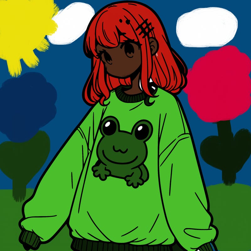 girl wearing frogging sweatshirt