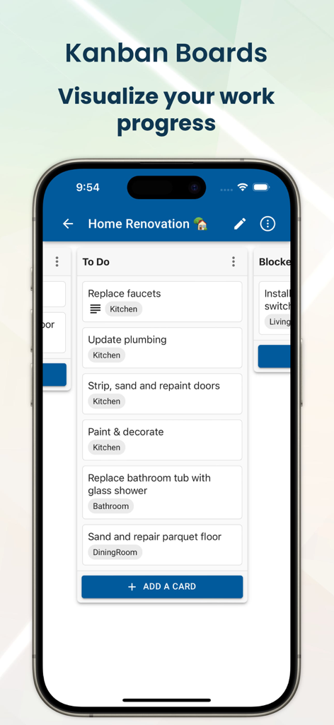 NotesHub mobile app interface showing a Kanban board for tracking project task progress
