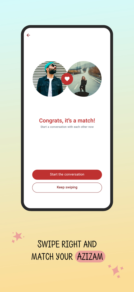 Azizam - Persian Dating App - Ein Match-Benachrichtigungsbildschirm in der Azizam Persian Dating-App, der zwei Benutzerprofile zeigt, die durch ein Herzsymbol verbunden sind.