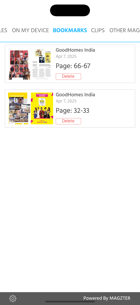 GoodHomes - Screenshot of the GoodHomes app bookmarks screen showing saved magazine pages.