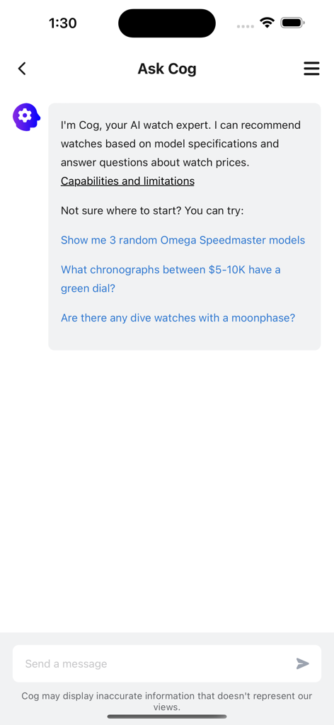 WatchCharts - AI watch expert Cog chat interface in the WatchCharts app for personalized watch recommendations and market price queries
