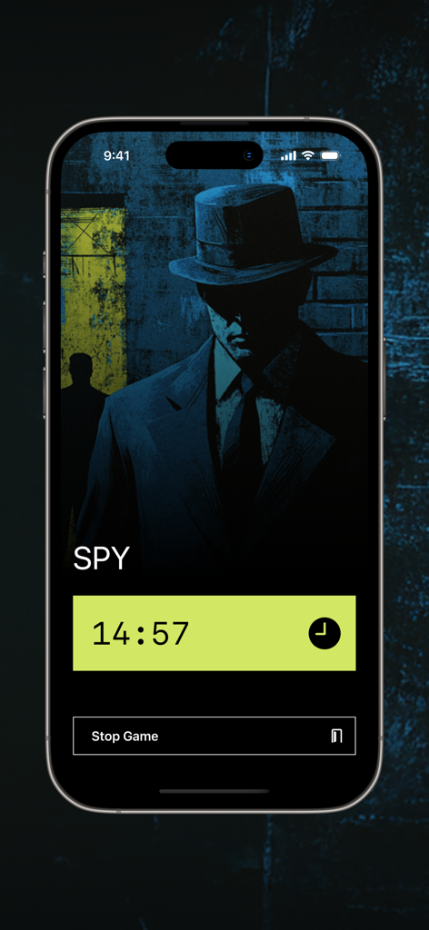 Spy: The Party Game - Schermata di gioco di Spy The Party Game che mostra un conto alla rovescia e un personaggio spia in stile noir