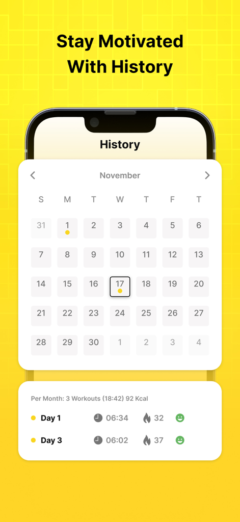 30 day Fitness Coach at home - Fitness app history screen showing a monthly calendar and workout statistics