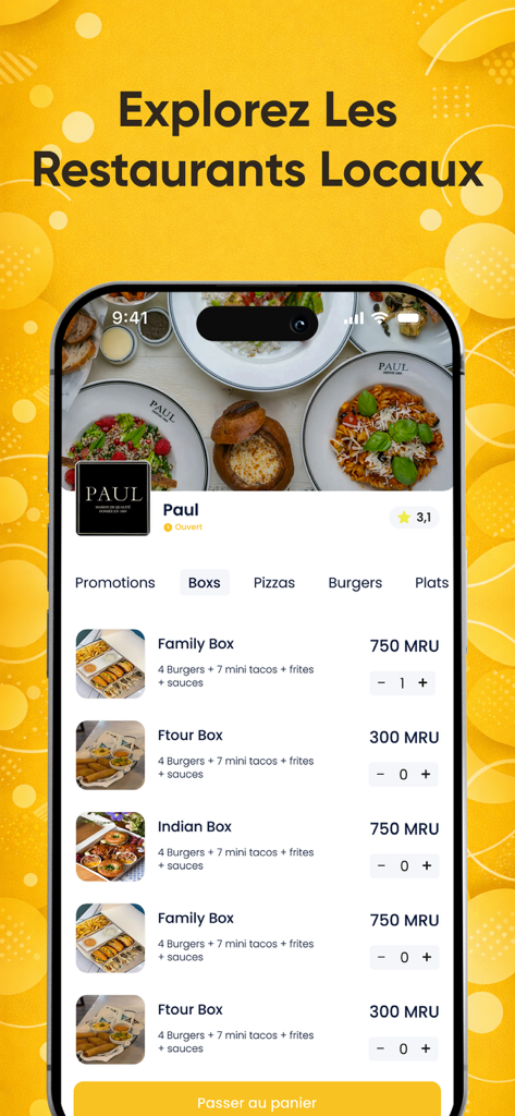 Jemli - Mobile screen of the Jemli app displaying a menu for a local restaurant with food delivery options