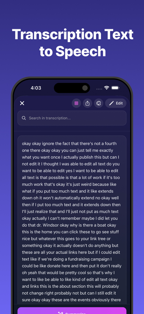 Transcribe Video to Text: Vid2 - 검색, 편집 및 내보내기 옵션이 있는 동영상에서 전사된 텍스트를 보여주는 모바일 앱 인터페이스.