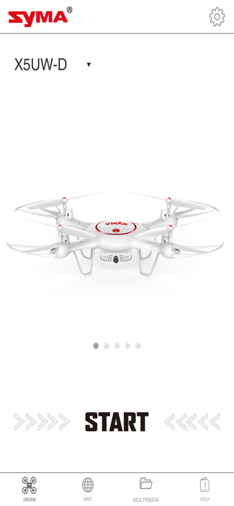 Tela inicial do aplicativo SYMA FLY com um drone branco e um botão de início