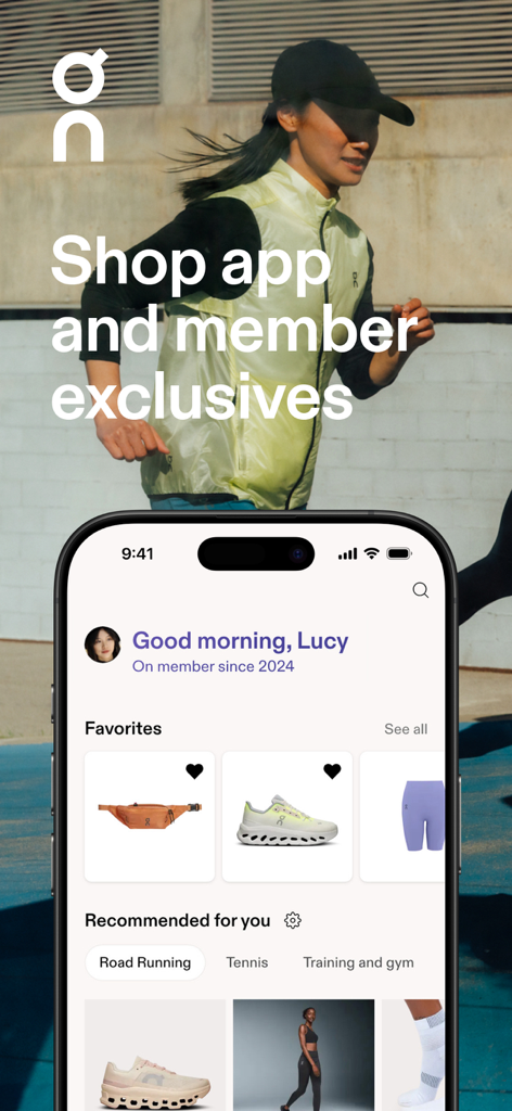 On Running App Startbildschirm mit personalisierten Empfehlungen und Mitgliedsvorteilen für Schuhe und Bekleidung