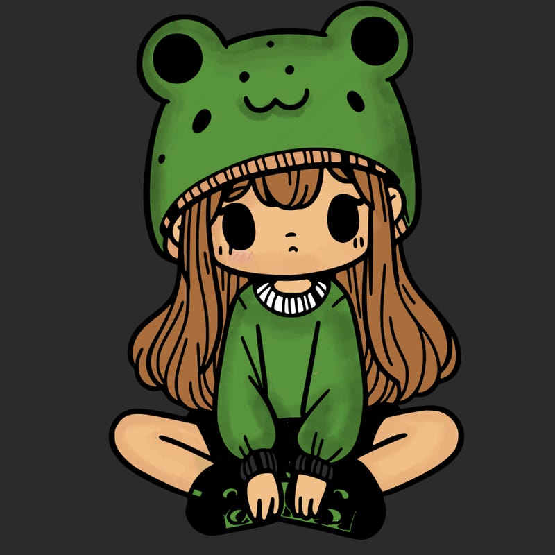 a girl wearing a frog hat and some frog socks