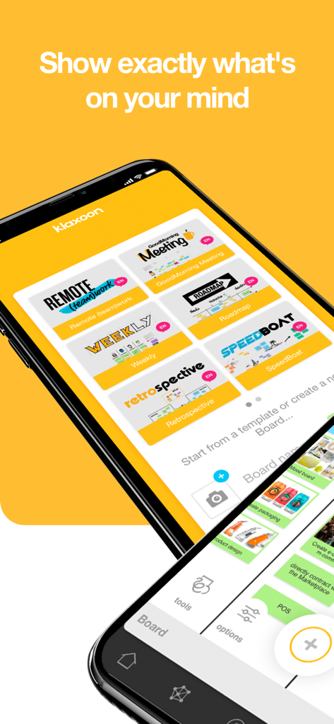 Interface mobile Klaxoon affichant des modèles de tableau blanc collaboratifs pour les équipes à distance et la gestion de projet.