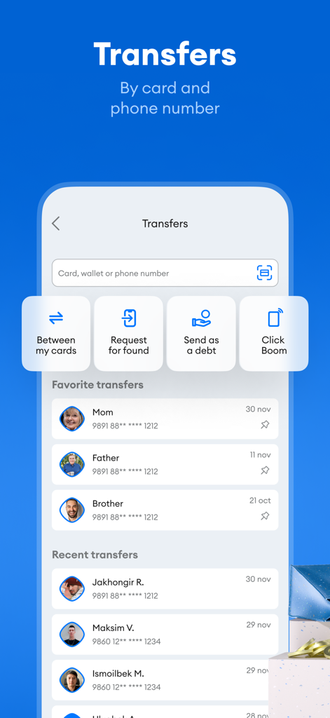 Click SuperApp - Interfaz de transferencia de dinero de Click SuperApp mostrando opciones de pago por tarjeta y número de teléfono con una lista de contactos familiares favoritos.