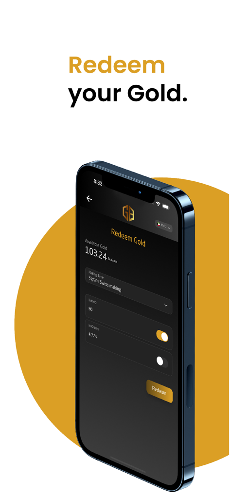 A smartphone screen showing the Gold Bank app interface for redeeming physical gold.