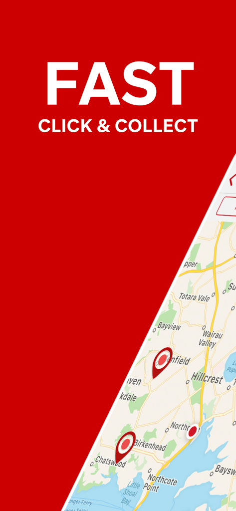 Uma tela mostrando o recurso de click and collect do aplicativo Warehouse com locais de lojas em um mapa