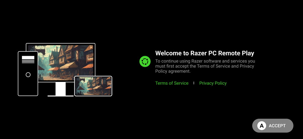 Razer PC Remote Play - Pantalla de bienvenida de Razer PC Remote Play que muestra la sincronización entre PC y dispositivo móvil
