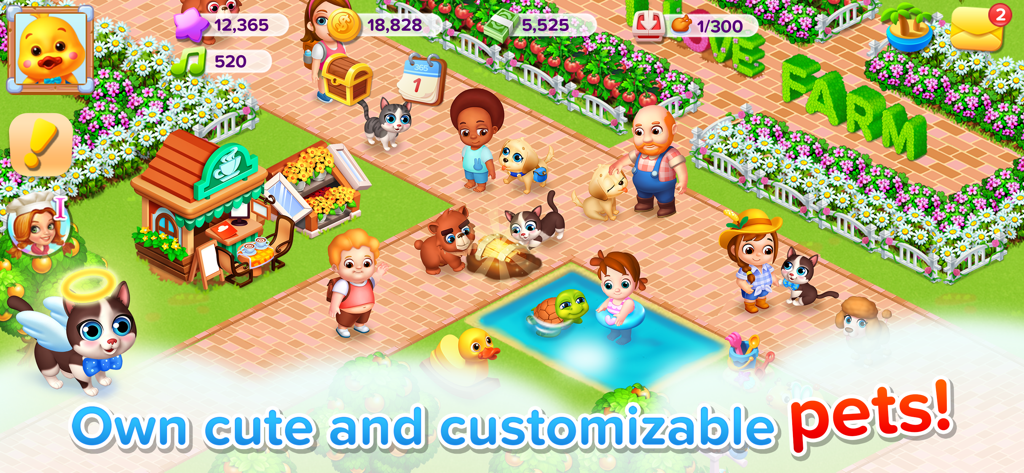 Family Farm Seaside - Uma captura de tela vibrante de Family Farm Seaside mostrando vários animais de estimação fofos, incluindo gatos, cães e uma tartaruga interagindo com personagens em uma área de fazenda decorada com uma piscina e um café.