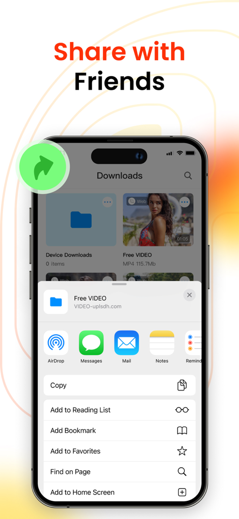 iPhone screen showing the share menu within the RingPlus video downloader app to send videos to friends