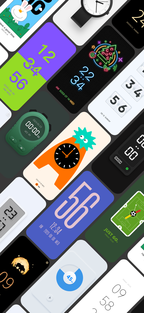 Clock Pocket:standby widget - A diverse collection of colorful and aesthetic clock widgets including neon, minimalist, and cartoon themes for iOS StandBy mode.