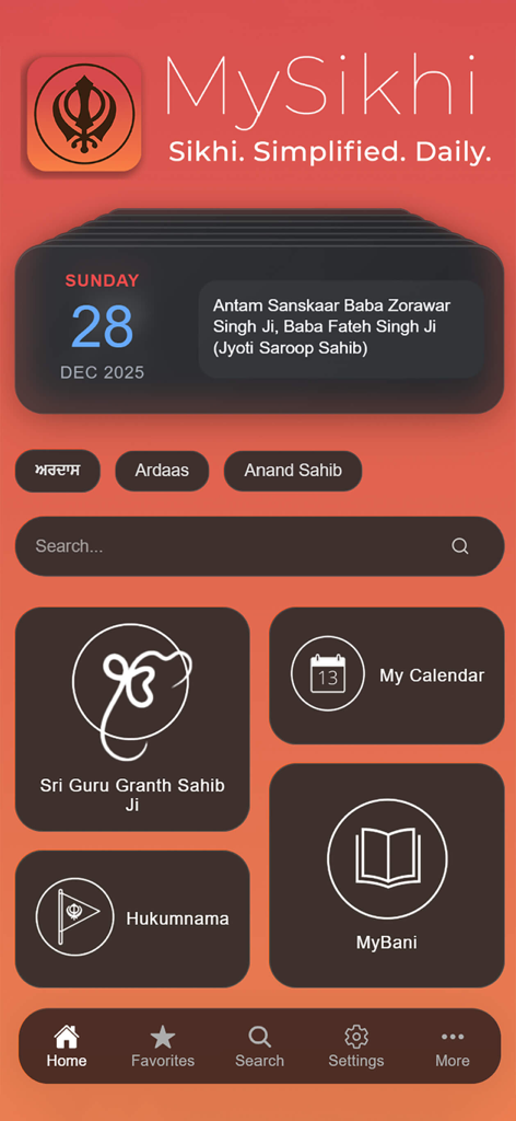 Tela principal do aplicativo MySikhi apresentando o calendário Nanakshahi, Sri Guru Granth Sahib Ji, Hukumnama e as seções MyBani.