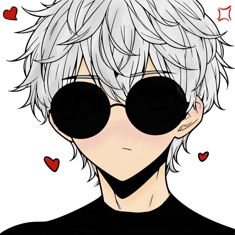 manga character with white hair white eyelashes and blue eyes shirtless and with round glasses