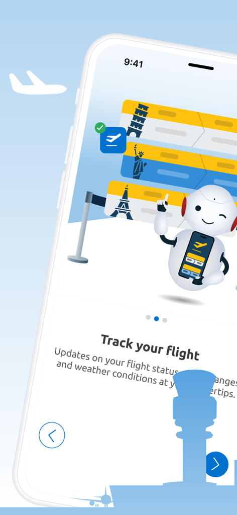 Brussels Airport - Schermata di onboarding dell'app dell'Aeroporto di Bruxelles che mostra la funzione di tracciamento del volo con un simpatico personaggio robot