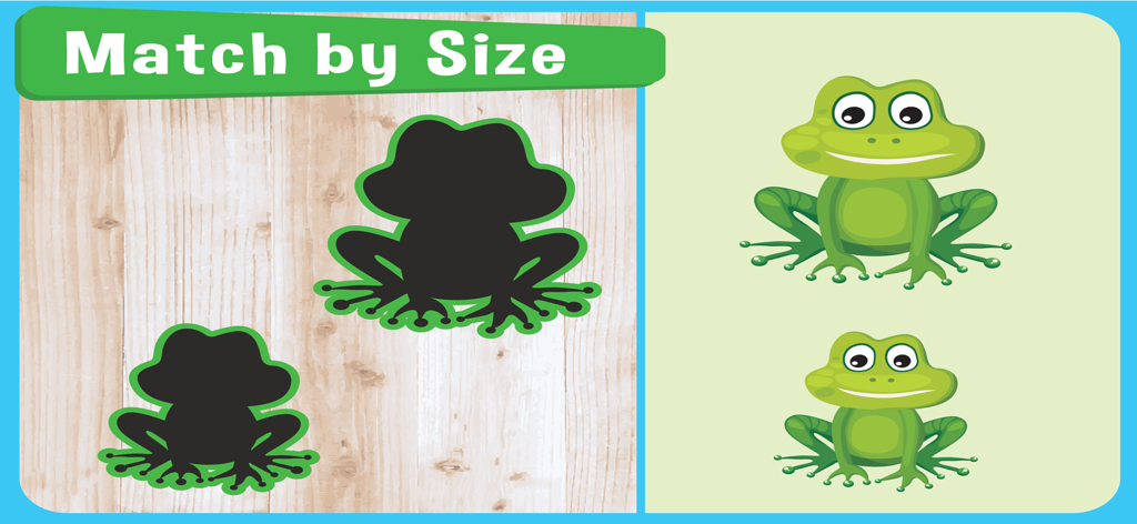 Language Therapy for Kids–MITA - Language Therapy for Kids app screenshot showing a matching activity where children match green frogs to silhouettes based on their size